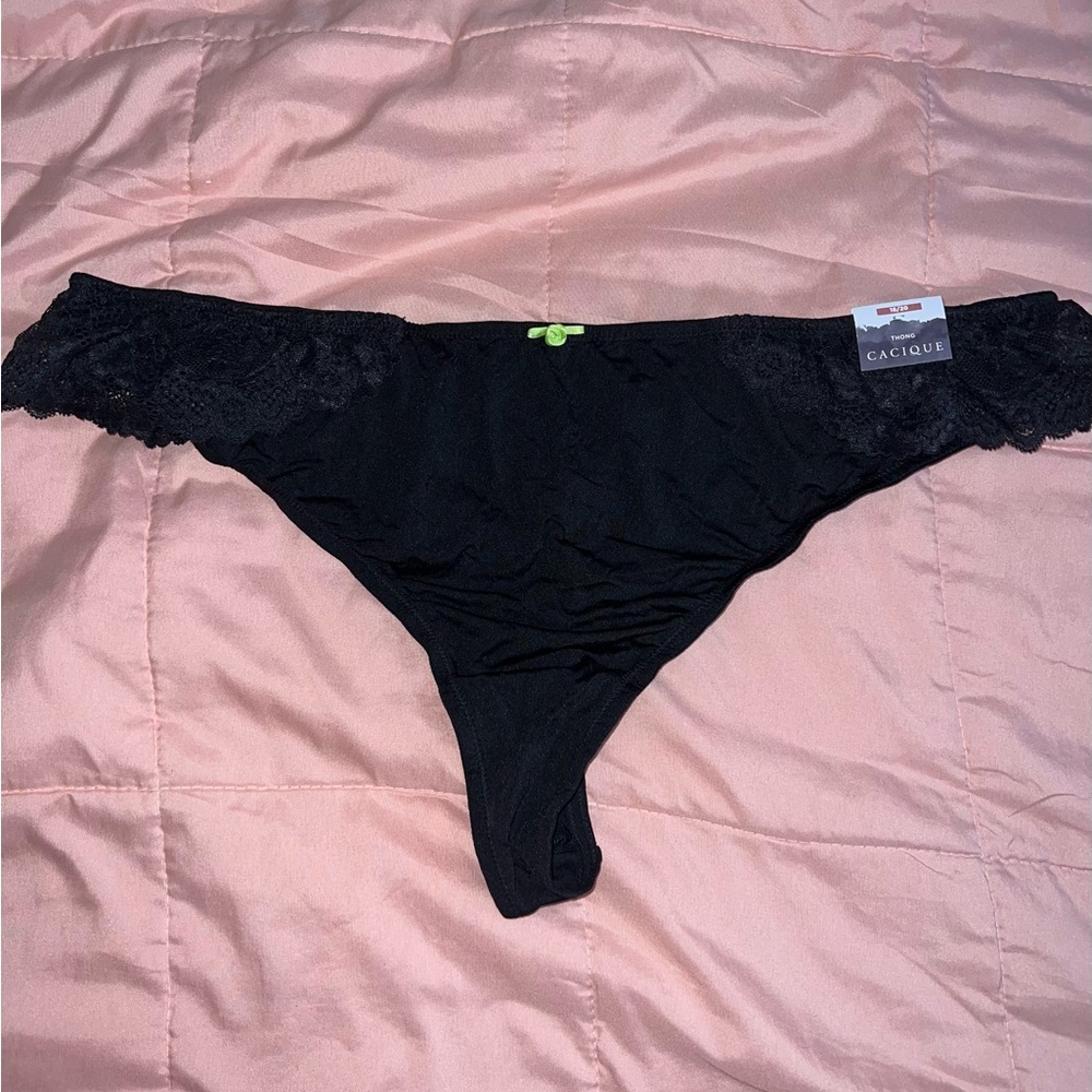 Cacique Black Lace Thong with Green Accent